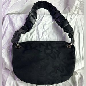 DKNY monogram Black canvas logo Y2K small Handbag Leather handle .